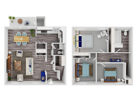 A floor plan of a two-bedroom apartment with a living room, kitchen, and bathroom.